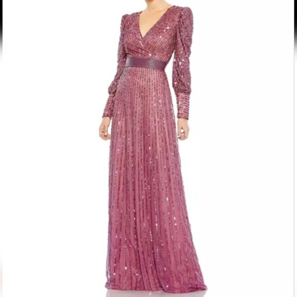 Mac Duggal Dresses & Skirts - Mac Duggal Size 14 Mauve Sequined Wrap Over Bishop Sleeve Gown, NEW